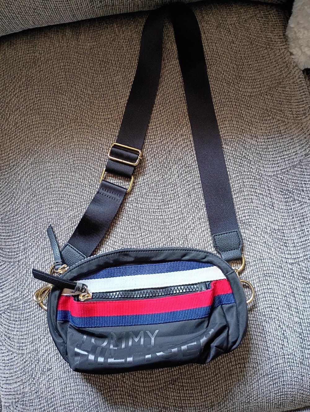 Tommy Hilfiger Men's Black Nylon Messenger Crossbody Bag, Red, White, Blue Strip